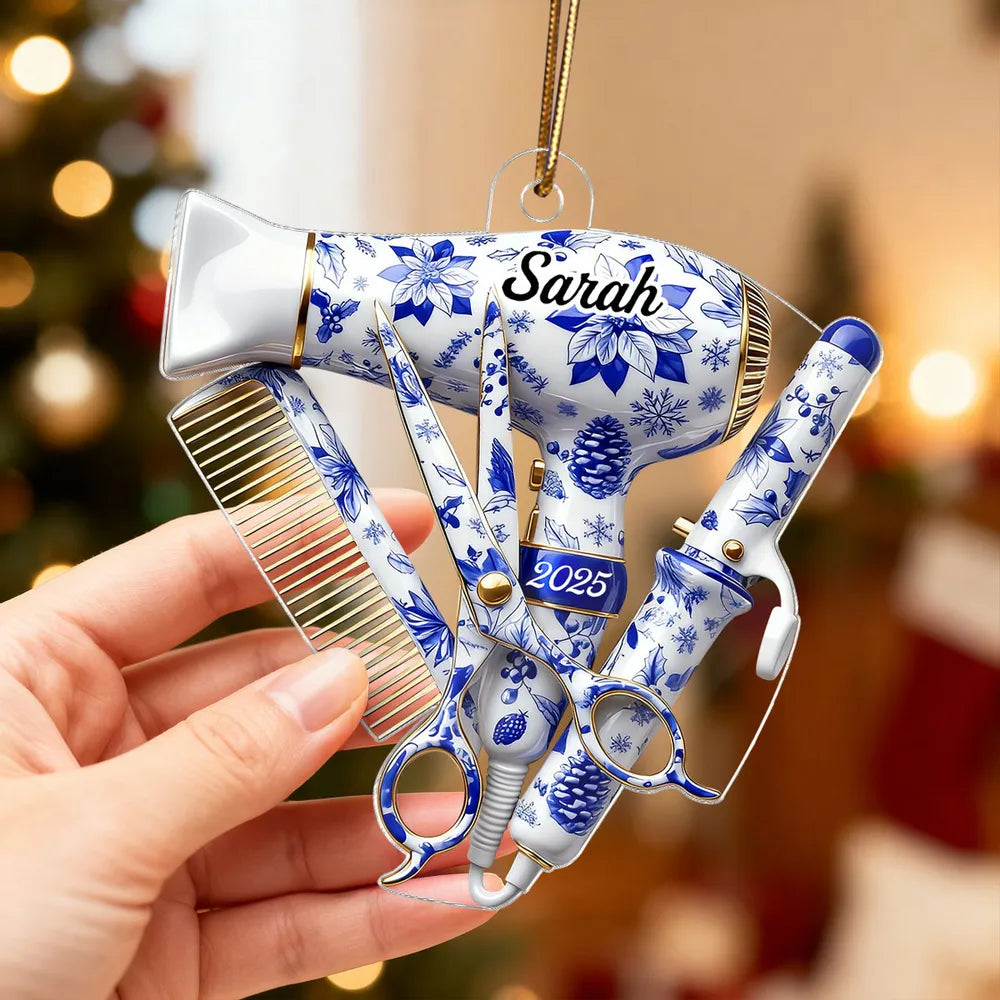 Hairdresser Things Acrylic Ornament with Custom Name – Elegant Blue Floral Salon Tool Design, Festive Tree Decor and Creative Gift for Your Favorite Stylist