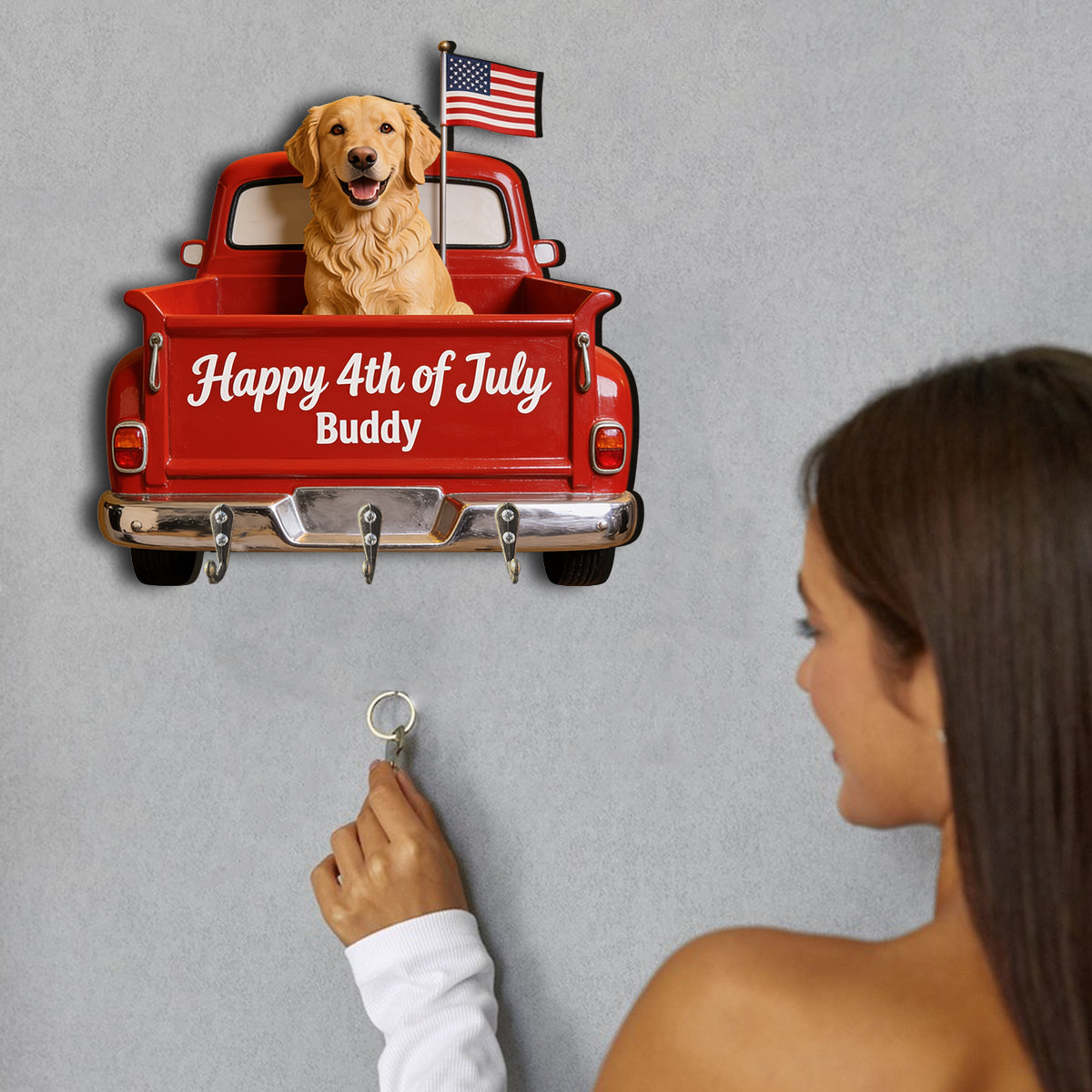 Happy 4th Of July Personalized Dog Key Holder - Personalized Dog Custom Shaped Hanging Rack