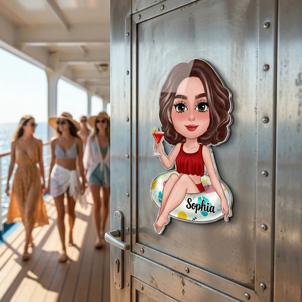 Personalized Cruise Door Acrylic Magnet, Cute Girl on Pool Float with Cocktail, Unique Girls Trip Cabin Gift