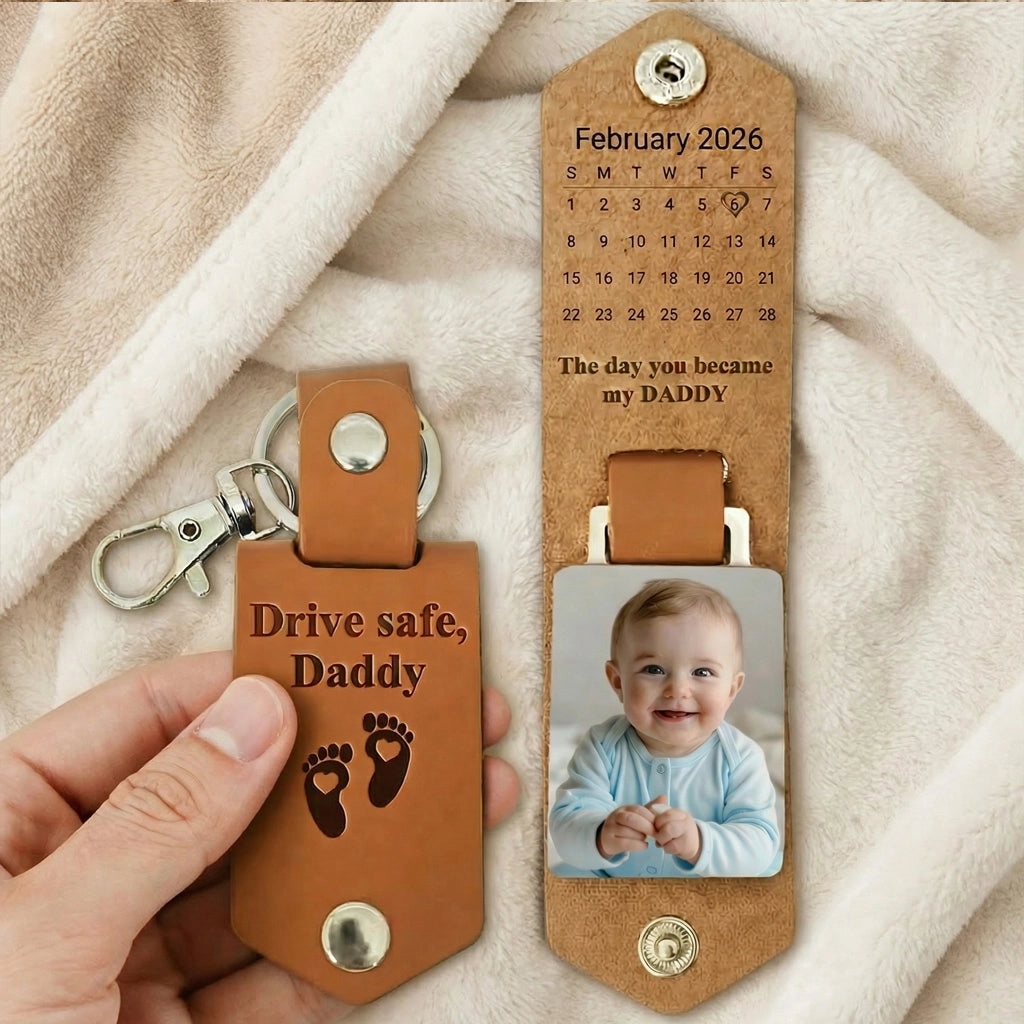 Personalized Leather Photo Keychain With Mini Calendar for New Dads, The Day You Became My Daddy, Unique Gift for Dad
