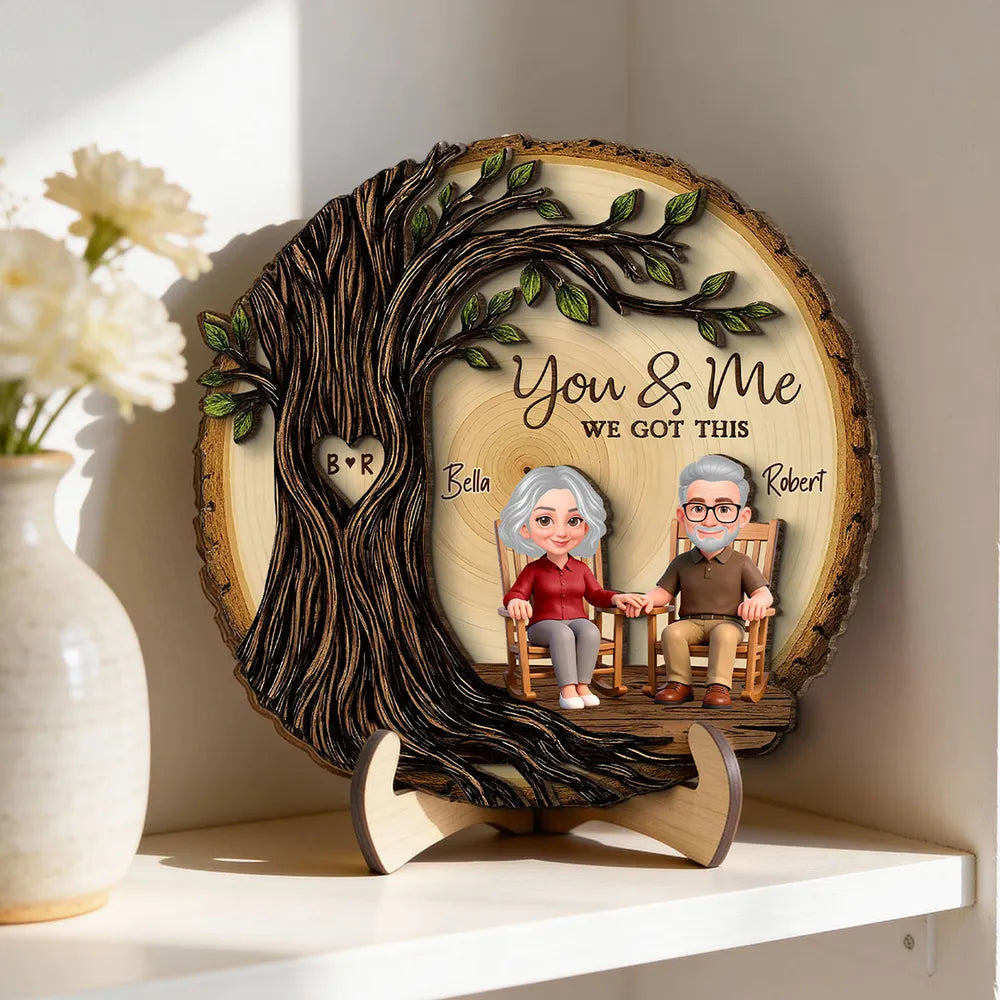 Personalized 2-Layer Wooden Plaque with You & Me We Got This, Couple Holding Hands Under Heart Tree, Unique Gift