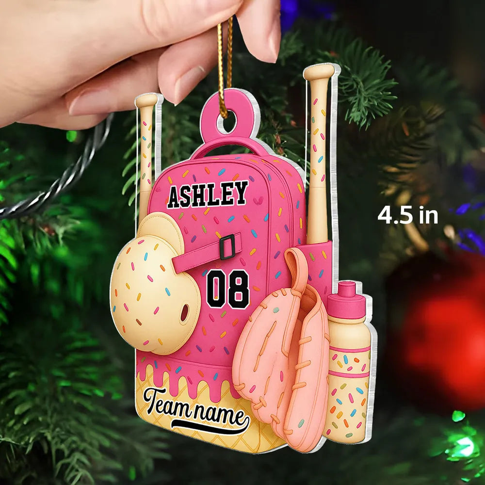 Acrylic Ornament Baseball Softball Backpack, customizable candy-sprinkle design for holiday tree, cute unique gift for kids