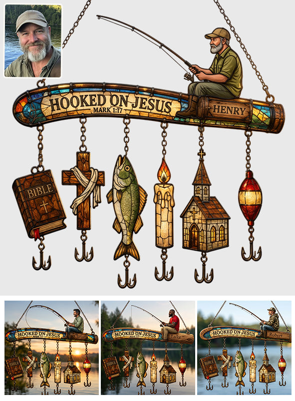 Hooked On God - Personalized Fishing Window Hanging Suncatcher With Custom Charms
