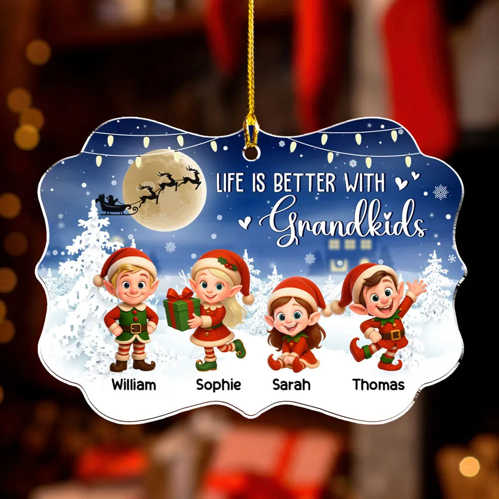 Acrylic Ornament - Life Is Better With Grandkids, cute elf scene in a moonlit snowy forest, a unique Christmas gift for Grandma and Grandpa
