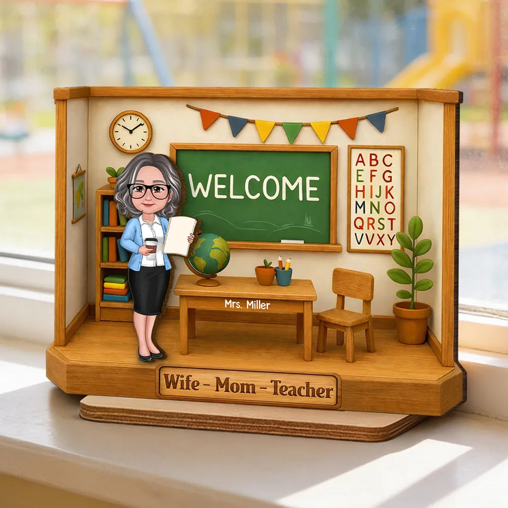 Personalized 2-Layer Wooden Plaque, Classroom Welcome Teacher Scene, Unique Gift for Teacher Mom with Heartfelt Vibe