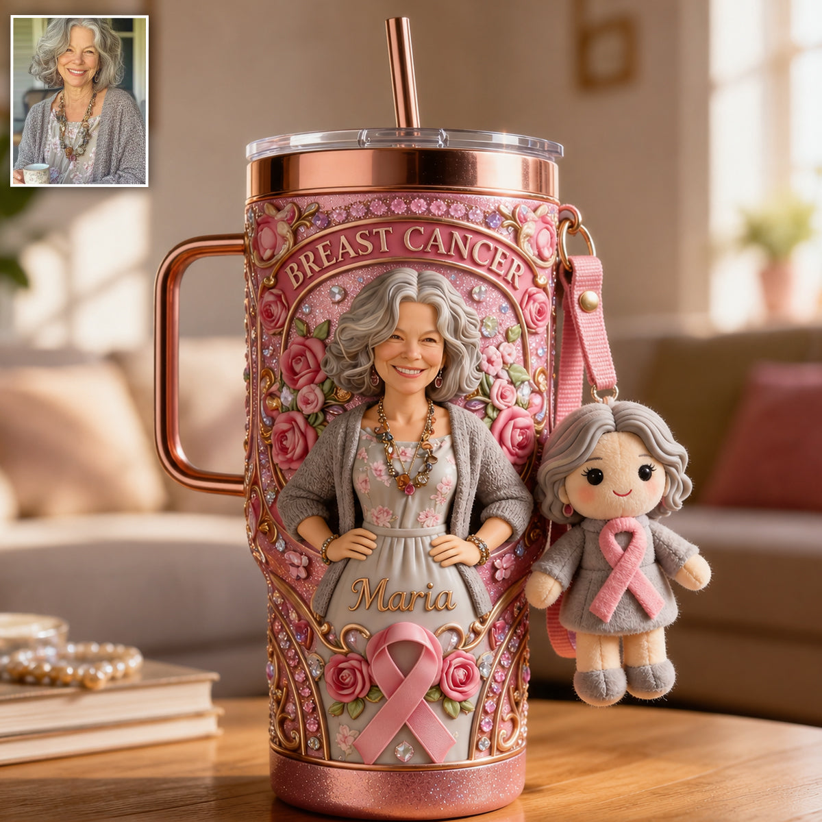 Hope Strength Love - Personalized Breast Cancer Awareness Tumbler With Plush Charm