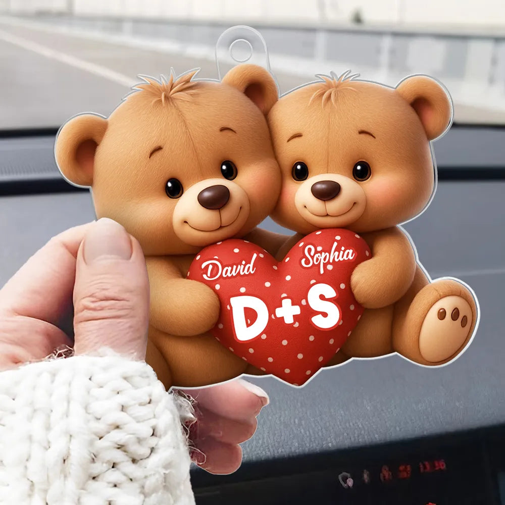 Personalized Bear Couple Acrylic Car Hanger Rearview Mirror Decor, Cute Heart Design, Unique Gift for Couples