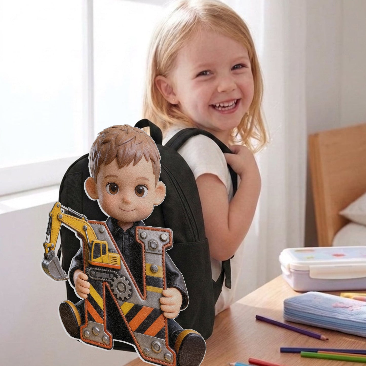 Alphabet Letter Construction Theme - Personalized Kid Changeable Leather Patch Backpack