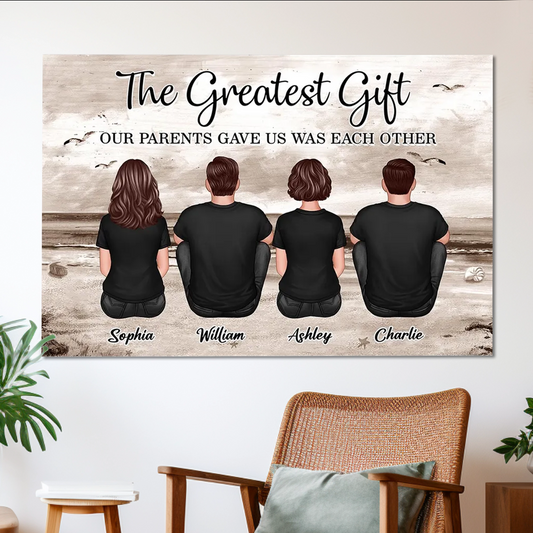 Personalized Siblings Beach Poster, Custom Back-View Illustration Wall Art, Nostalgic Unique Gift for Sister or Brother