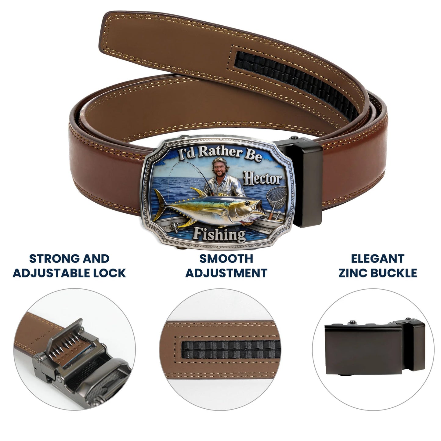 I'd Rather Be Fishing - Personalized Fishing Leather Belt With Shaped Buckle