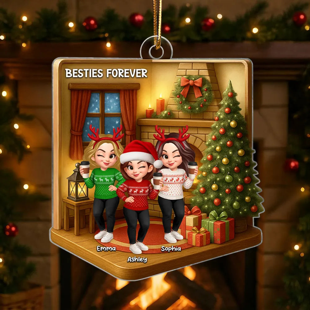 Custom Best Friends Christmas Ornament - Cozy Fireplace Design
