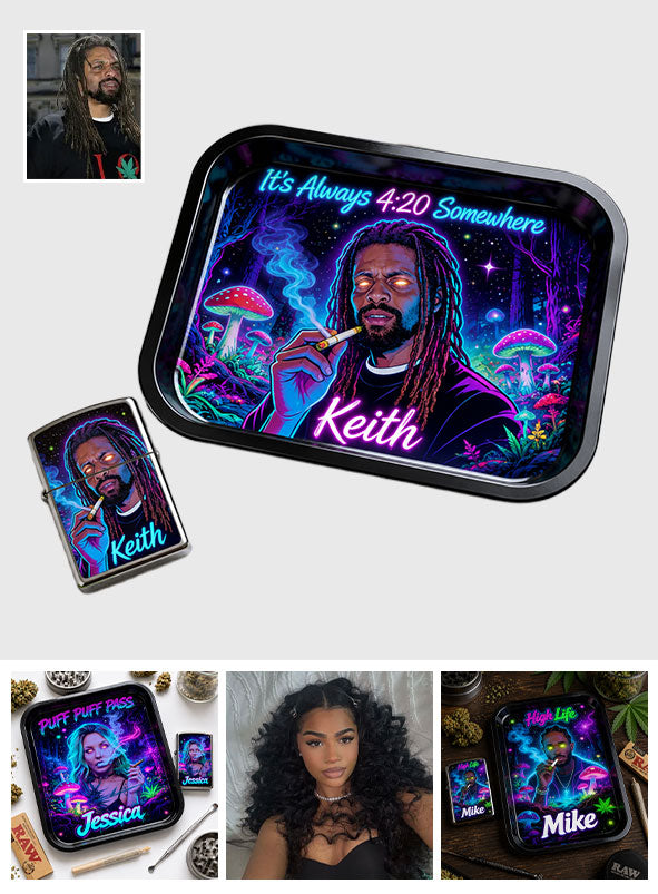 Custom Rolling Tray & Lighter Set From Any Photo - Personalized Weed Catch-All Tray With Lighter