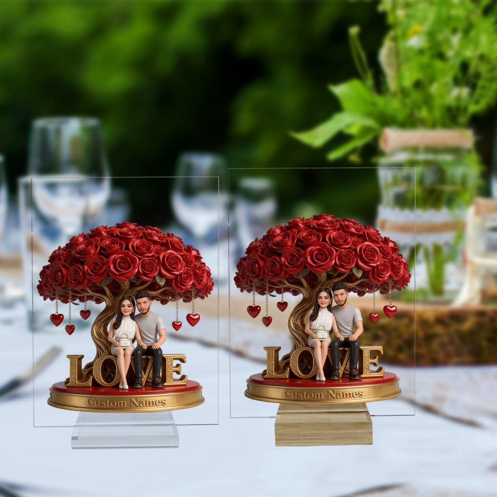 Custom Personalized Old Couple Figurine Statue under Red Rose Heart Tree, Engraved Name Anniversary Wedding Gift Home Decor Sculpture