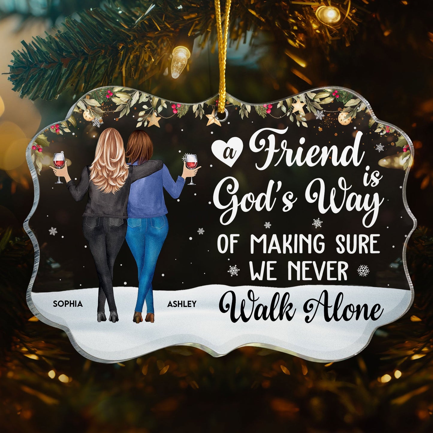 Acrylic Ornament with Friend Illustration and Quote, Christmas Tree Decoration for Besties