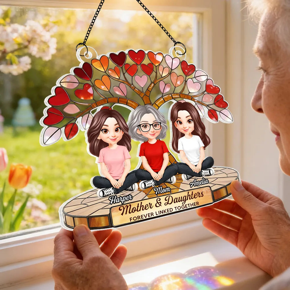 Personalized Acrylic Suncatcher Ornament Mother & Daughters Heart Tree Window Decor, Unique Gift for Mom