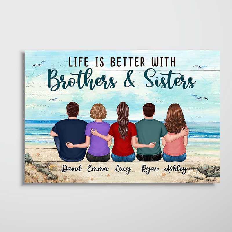 Poster – “Life Is Better with Brothers & Sisters” Beach Back-View Art, Custom Gift for Siblings