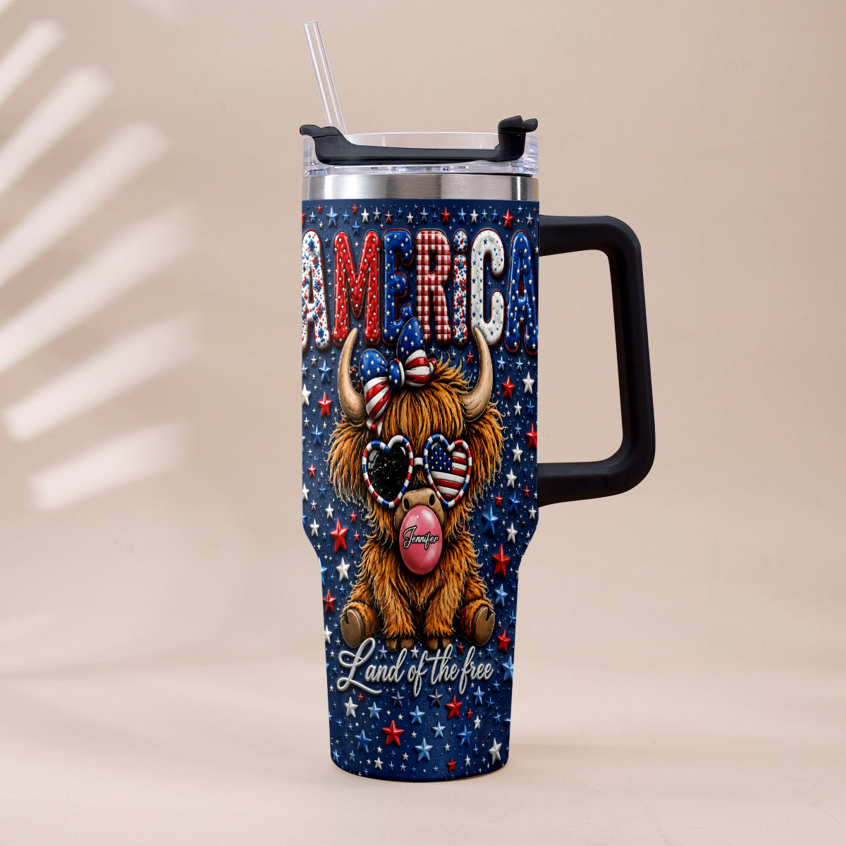Land Of The Free - Personalized Highland Cow Tumbler With Plush Charm