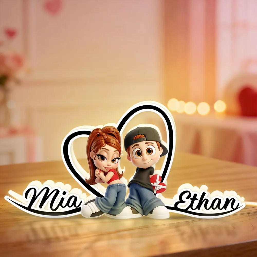 Personalized Couple Acrylic Light Box with Glowing Heart - Cute Cartoon Keepsake Nightstand Decor, Unique Gift for Couples