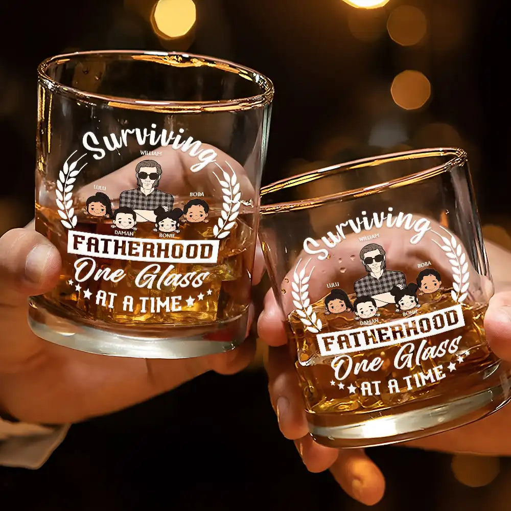Funny Fatherhood Whiskey Glass with Family Names – Surviving Fatherhood One Glass at a Time, Ideal Father’s Day Gift