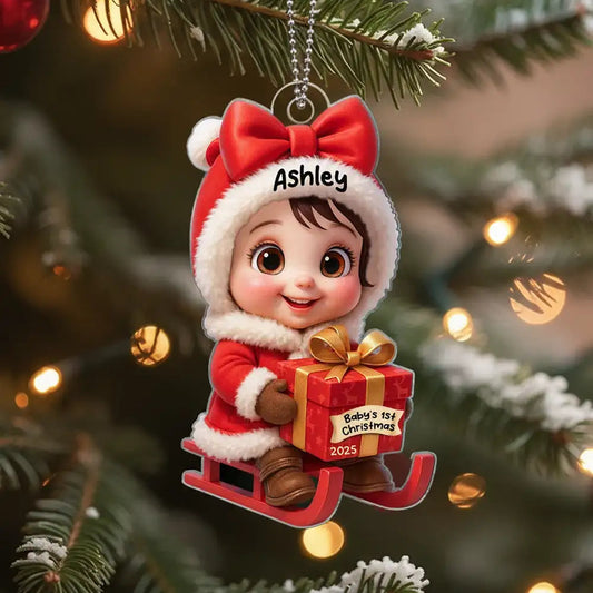 Acrylic Ornament with Baby in Santa Outfit on Sleigh, High Clarity, Heartwarming Christmas Gift