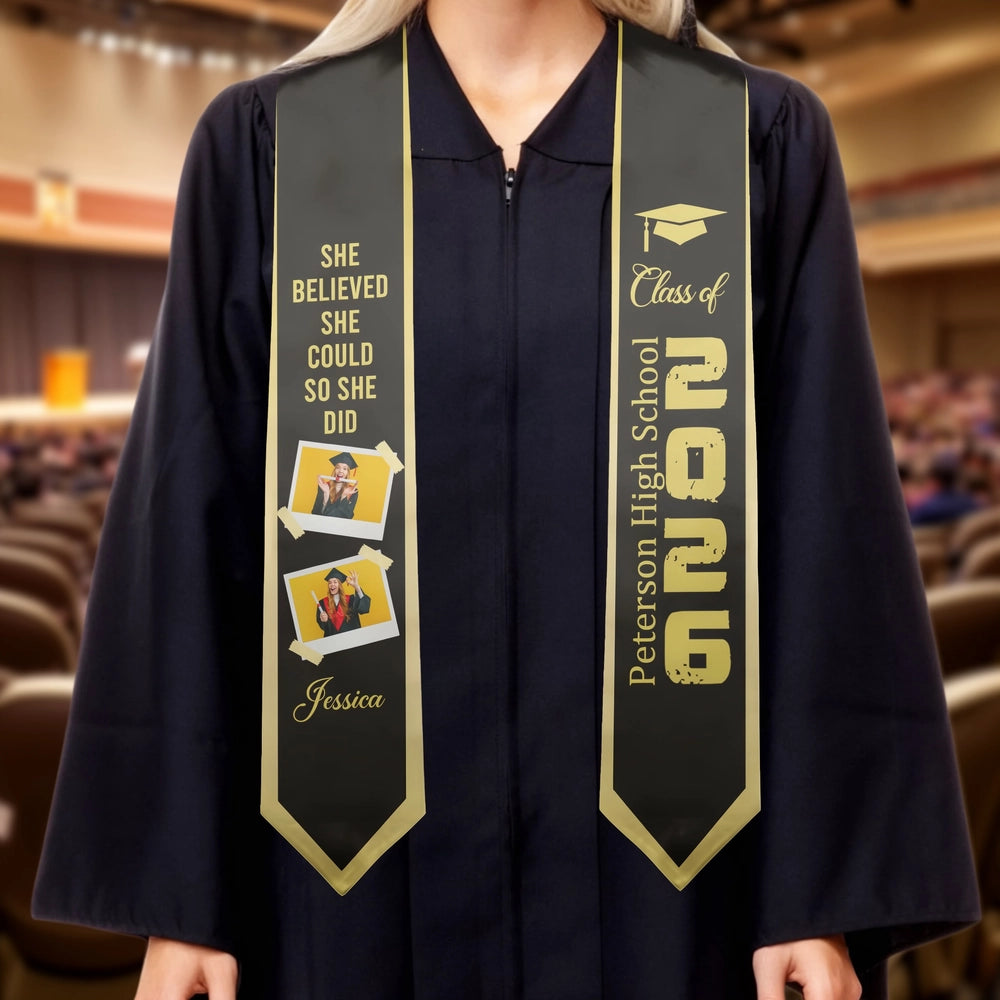 Class of Graduation Polyester Satin Stole, Personalized Photo Keepsake With Cap Icon, Meaningful Gift for Grad
