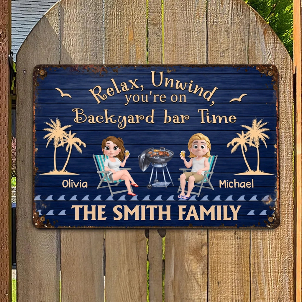Personalized Patio Time Rectangular Iron Sign with Relax, Unwind Quote, Couple by the Grill, Unique Outdoor Gift