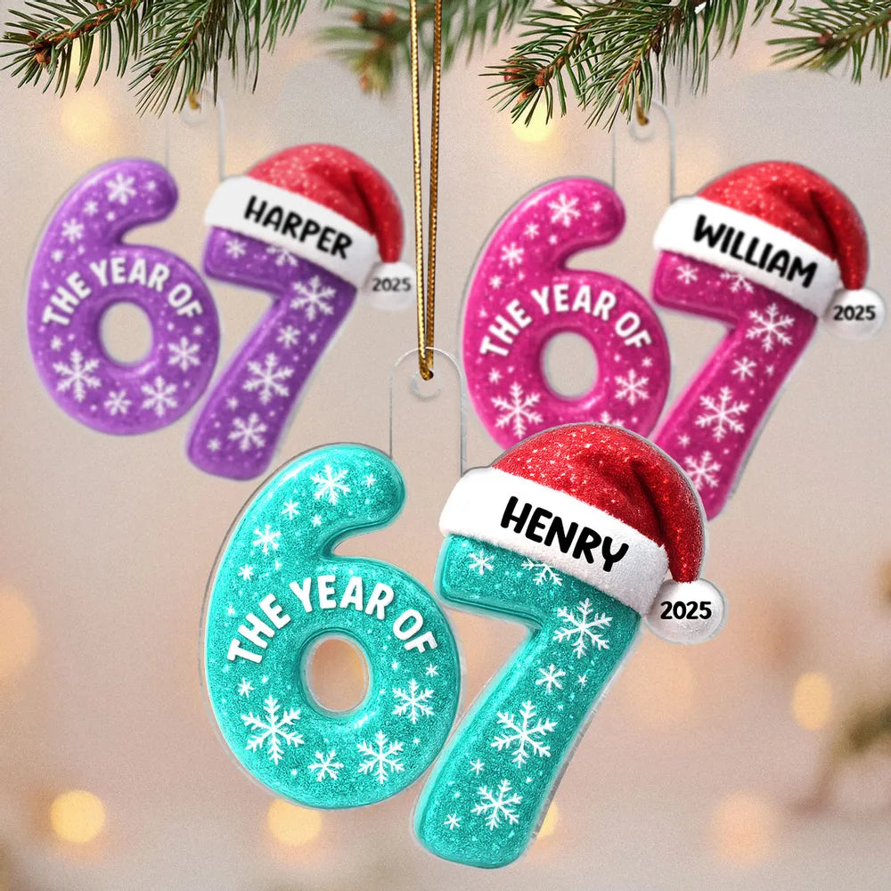 Personalized Acrylic Ornament 67 with Santa Hat Design, Custom Christmas Tree Decor, Festive Keepsake and Unique Holiday Gift