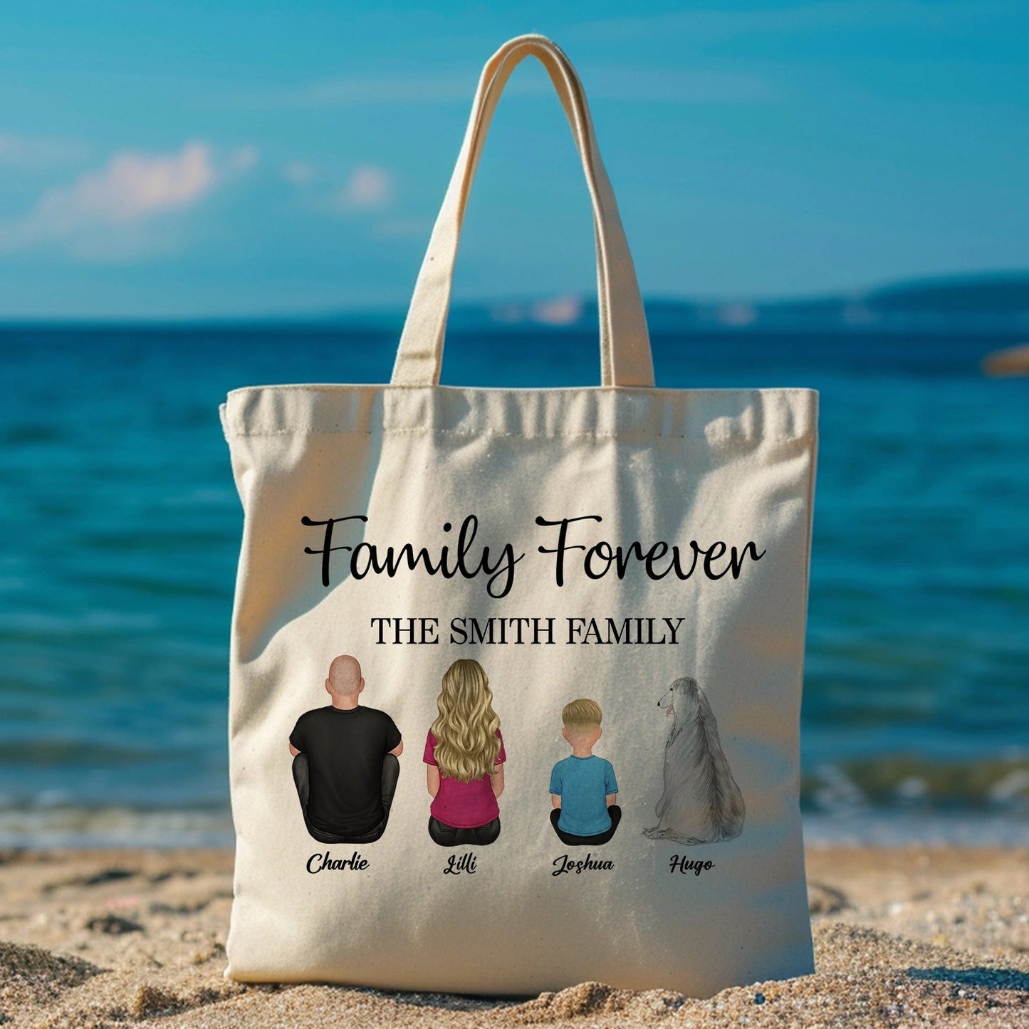 Family Forever Beach Design - Personalized Leather Tote Bag, Wooden Carhanger, LED Plaque, Keychain, Poster, Wallet Card, and Pillow, Unique Gift