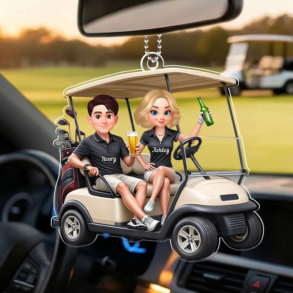 Personalized Acrylic Car Hanger Funny Golf Cart Couple Mirror Decor - Unique Gift for Couples