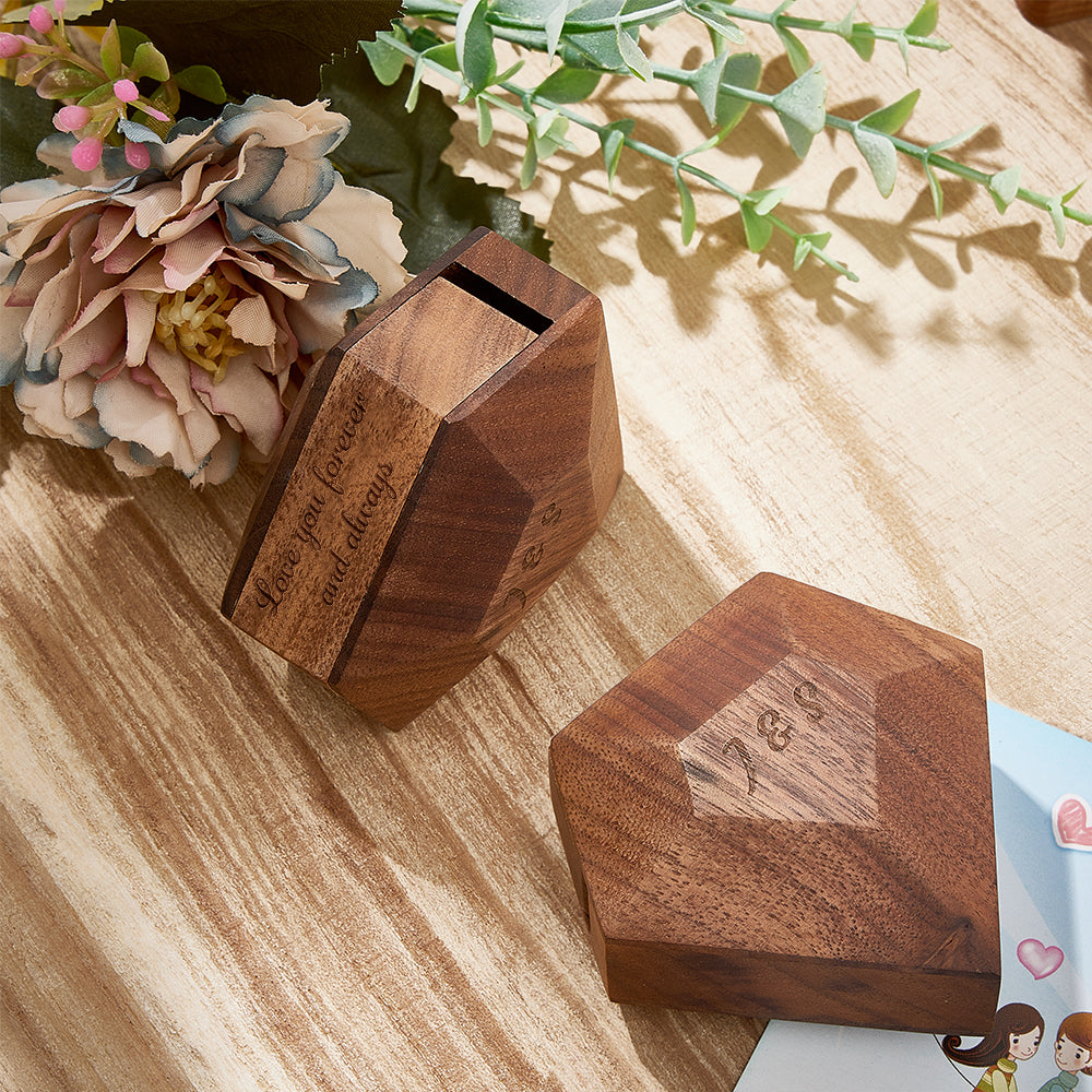 Custom Initial And Text - Personalized Initial Wooden Rotating Ring Box