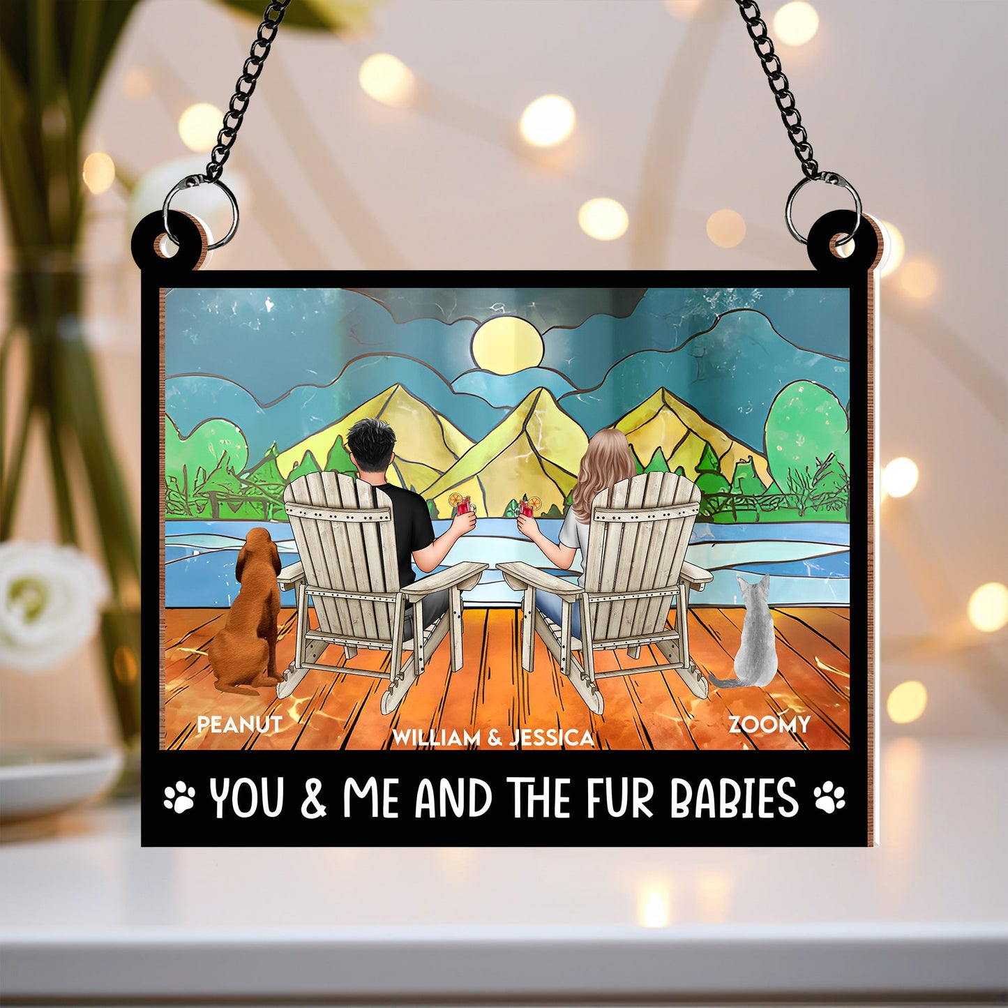 "Rustic Couple and Dogs Wood & Acrylic Ornament - Personalized Mountain View Gift"