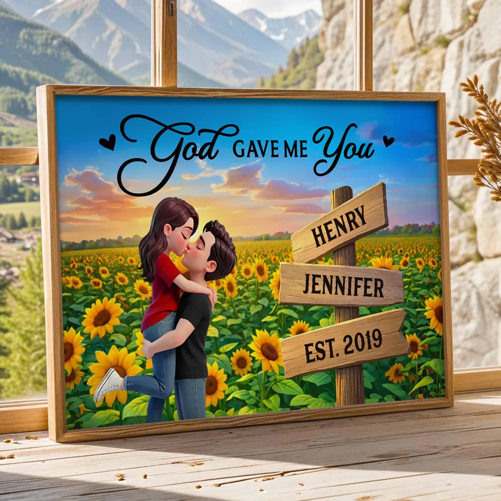 Romantic Personalized Poster for Couples, Hugging Kiss at Sunset Sunflower Field, Sweet Wall Art Gift for Her or Him