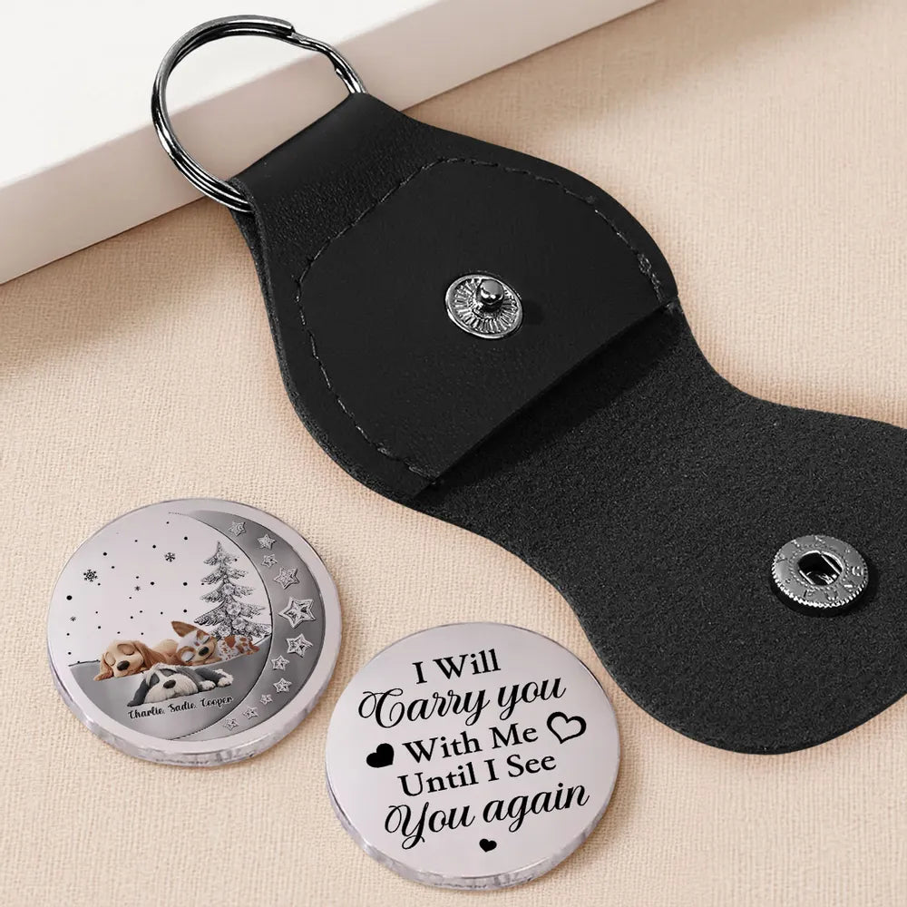Carry Me Close Pocket Hug Memorial Gift, Clear Print Metal Coin with Leather Keychain Case, Portable Pet Remembrance Keepsake