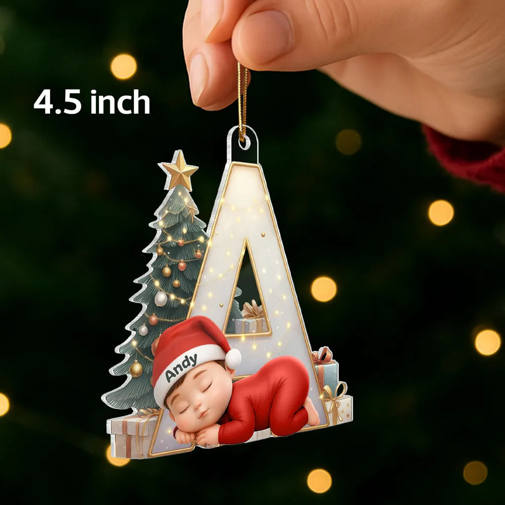 Baby Sleeping Initial Monogram Acrylic Ornament, Christmas Tree & Lights, unique gift for New Parents and Grandparents