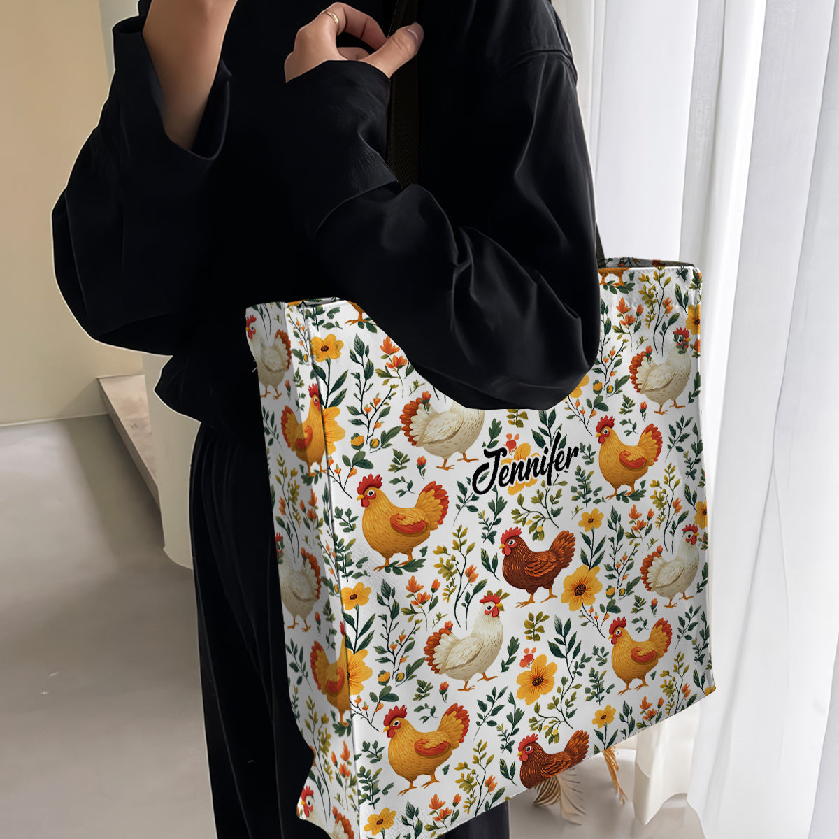 Cute Floral Chickens - Personalized Chicken All-Over Print Canvas Tote Bag