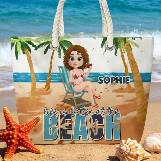 Personalized Rope Handle Canvas Bag, Life Is Better at the Beach Tropical Lounge Scene, Unique Custom Gift