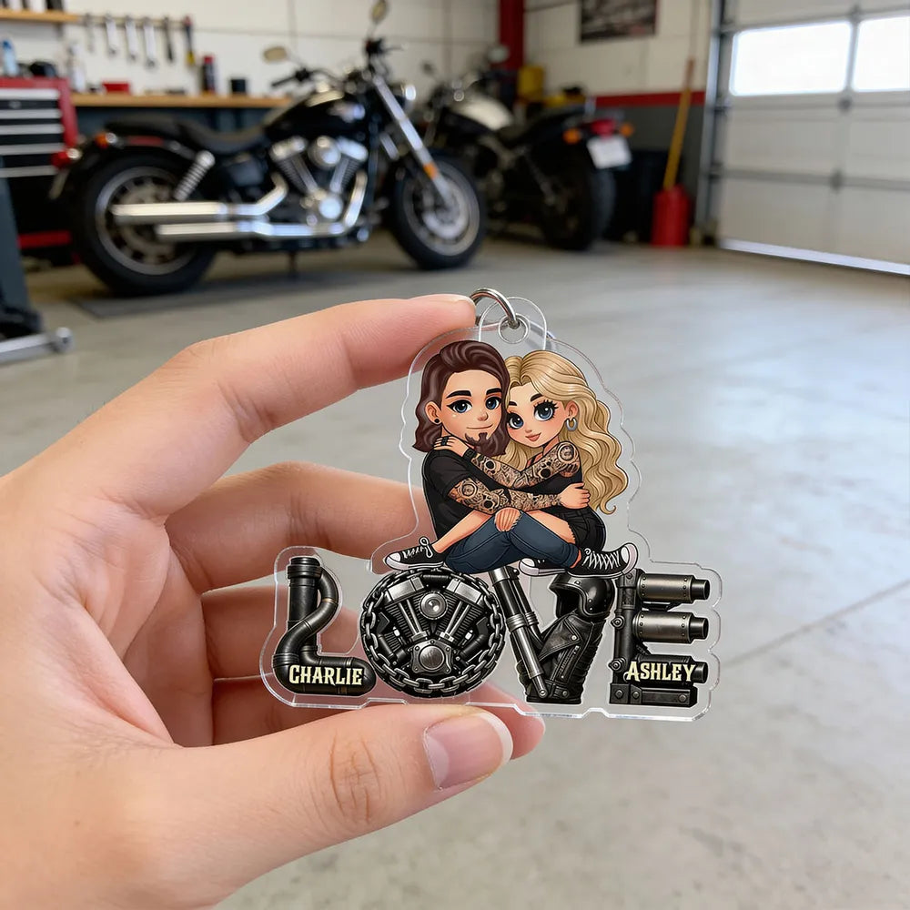 Personalized Biker Couple Acrylic Keychain Cute Cartoon Hugging Riders Cool Accessory Unique Gift for Him or Her
