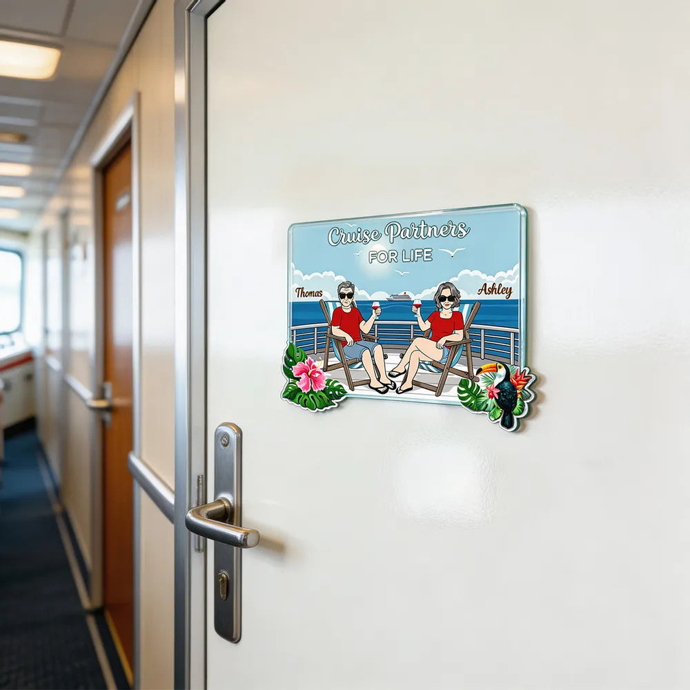 Personalized Acrylic Magnet Cruise Partners For Life, Relaxing Couple on Deck, Unique Cruise Door Gift