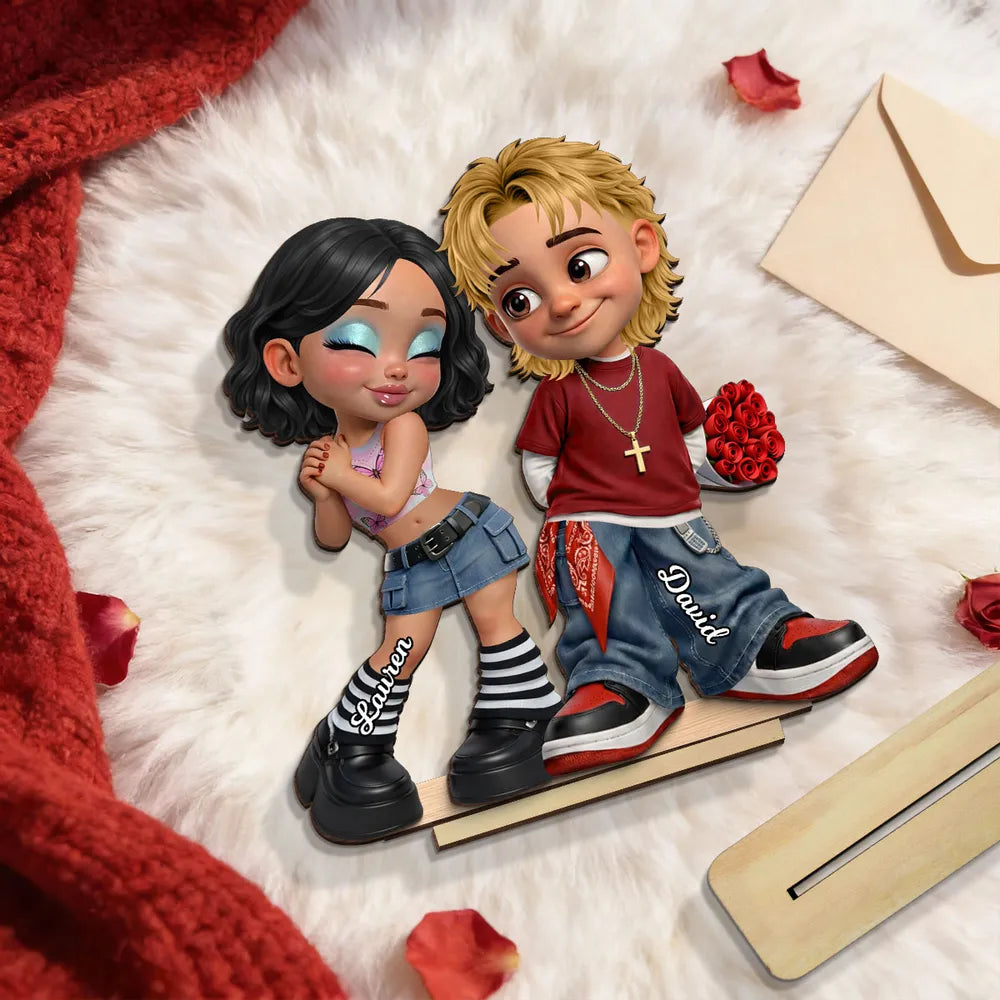 Personalized 2-Layer Wooden Plaque Y2K Style Couple Holding Roses, Unique Gift for Him or Her, Sweet Romantic Desk Decor