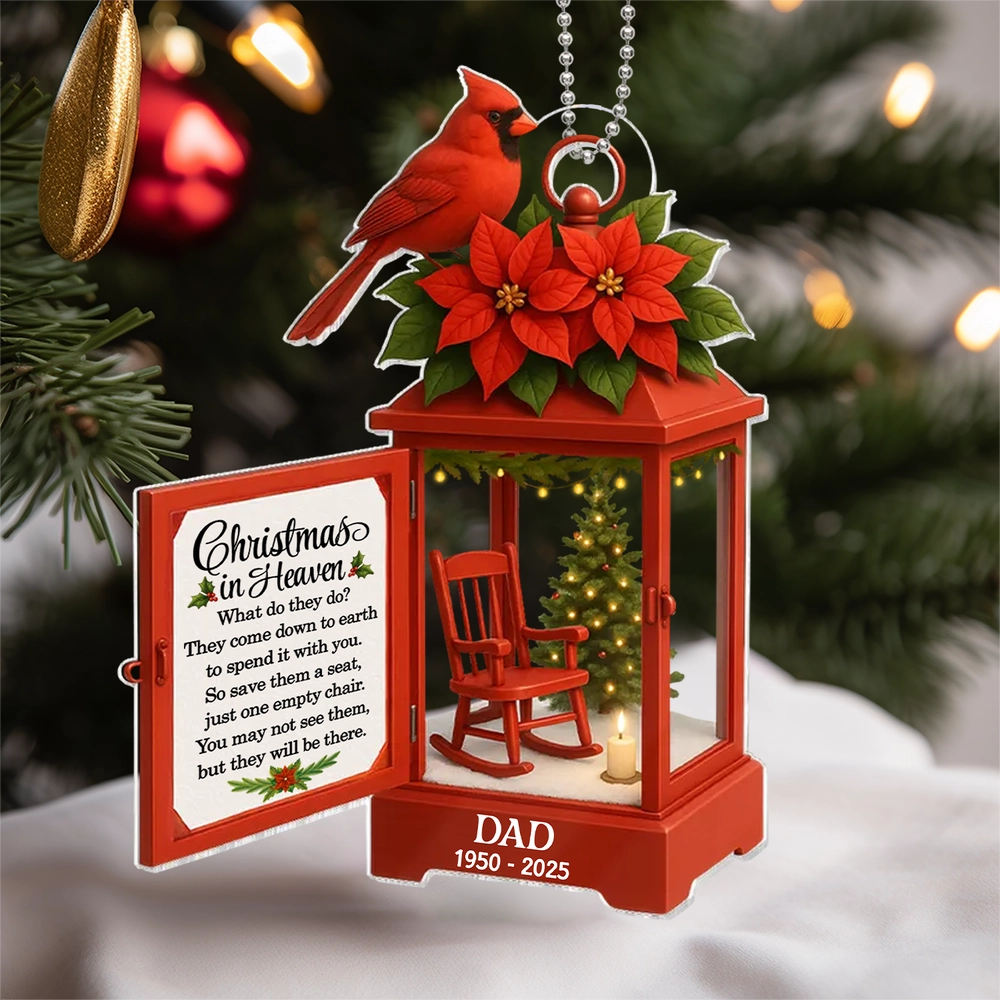 Acrylic Ornament Lantern Scene with Poinsettia and Candle – serene remembrance tree ornament, gift-ready memorial keepsake for Dad, Mom, and loved ones