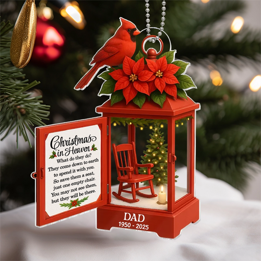 Acrylic Ornament Lantern Scene with Poinsettia and Candle – serene remembrance tree ornament, gift-ready memorial keepsake for Dad, Mom, and loved ones