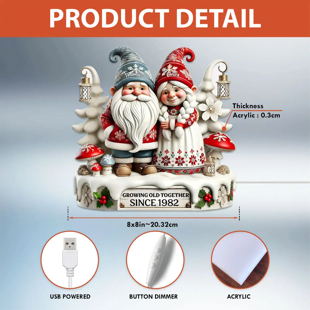 Acrylic Light Box with Christmas Gnome Couple Festive Illuminated Décor Growing Old Together Perfect Gift