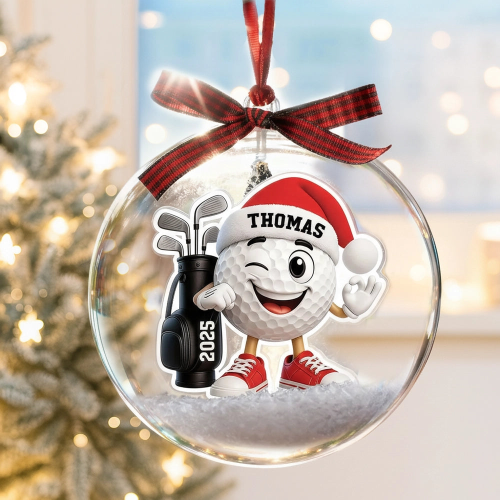 Snow Globe Ornament with Winking Santa Golf Ball, Christmas Tree Decor, playful keepsake, unique gift for golfers and Dad