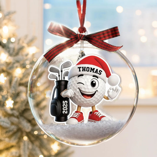 Snow Globe Ornament with Winking Santa Golf Ball, Christmas Tree Decor, playful keepsake, unique gift for golfers and Dad