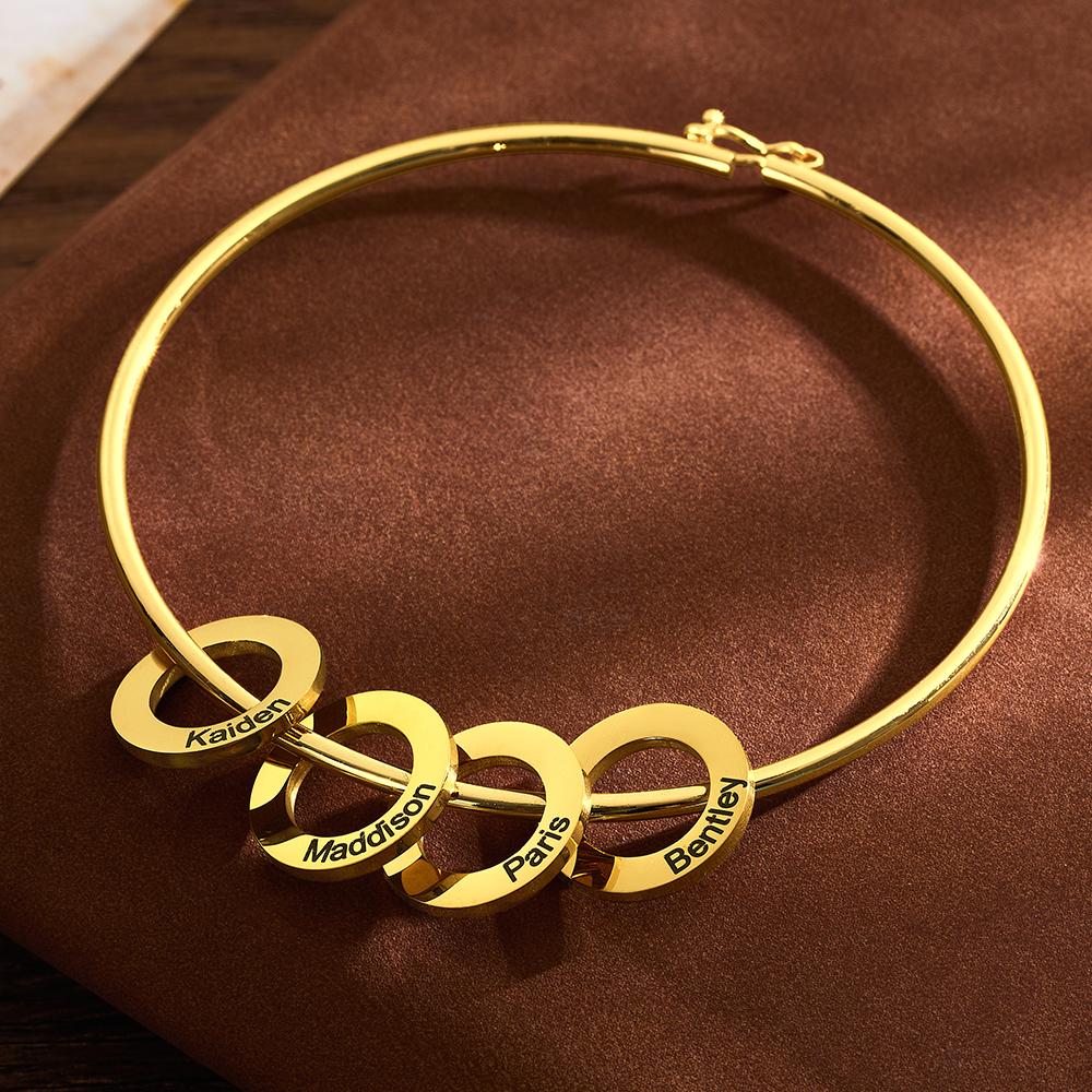 Any Name - Personalized Family Bangle Bracelet with Heart/Round Pendants