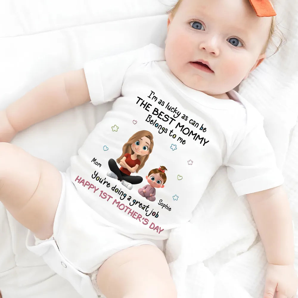 Personalized Short Sleeve Baby Onesie with Cute Mom & Baby Cartoon, First Mother's Day Gift, Photo-Ready Keepsake