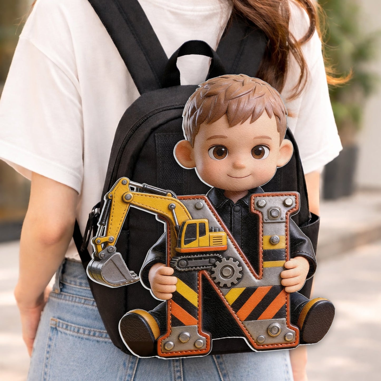 Alphabet Letter Construction Theme - Personalized Kid Changeable Leather Patch Backpack