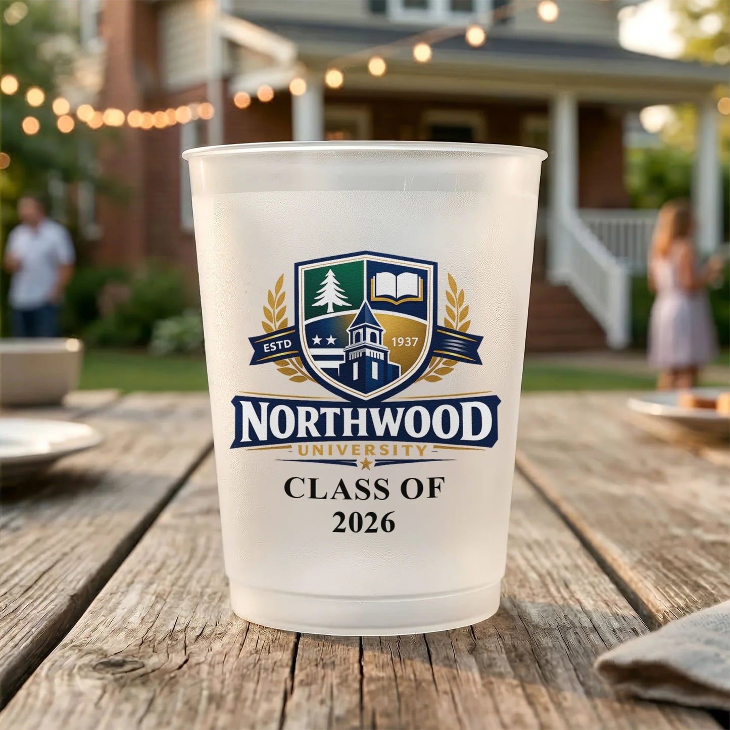 Personalized Frosted Plastic Cup With Custom School Crest Look For Graduation Party Table Decor, Unique Creative Gift