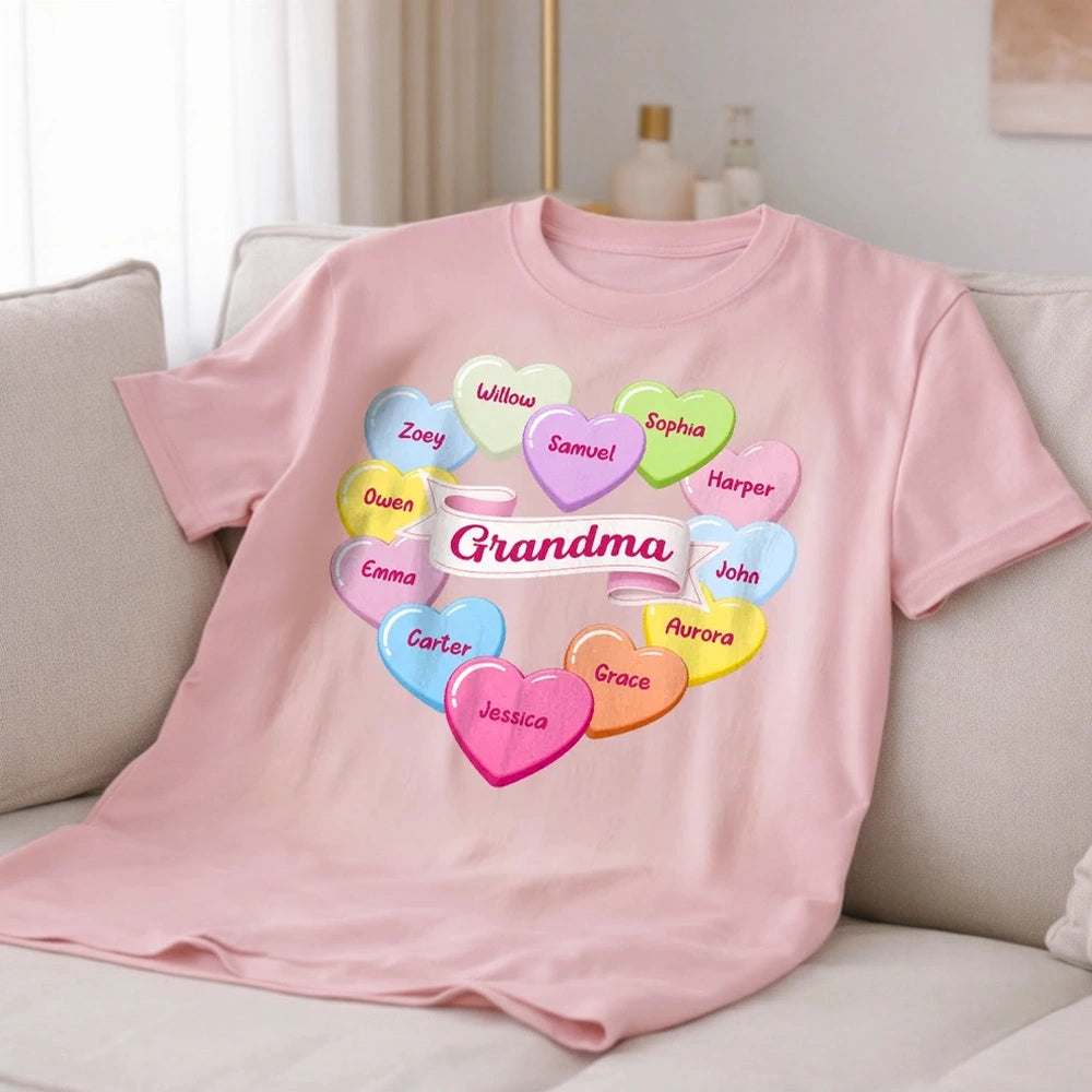 Personalized Grandma Classic Tee, Candy Heart Names Design for Valentine's Day, Unique Gift for Grandma