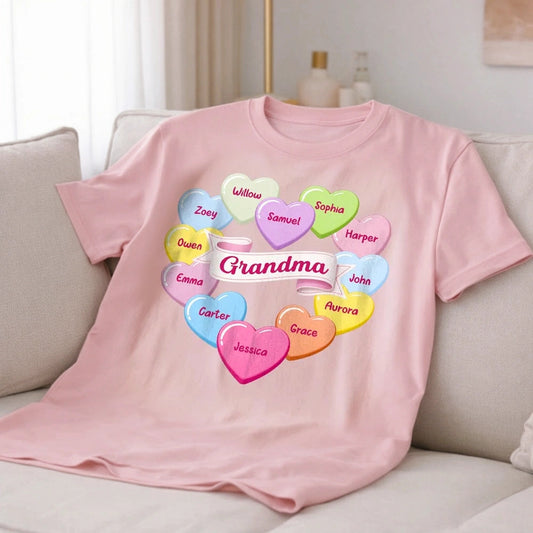 Personalized Grandma Classic Tee, Candy Heart Names Design for Valentine's Day, Unique Gift for Grandma